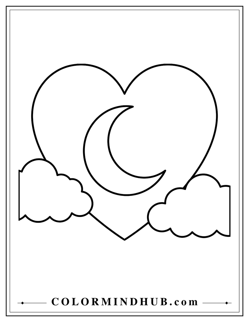 Large heart containing a crescent moon and two simple clouds near the lower sides.