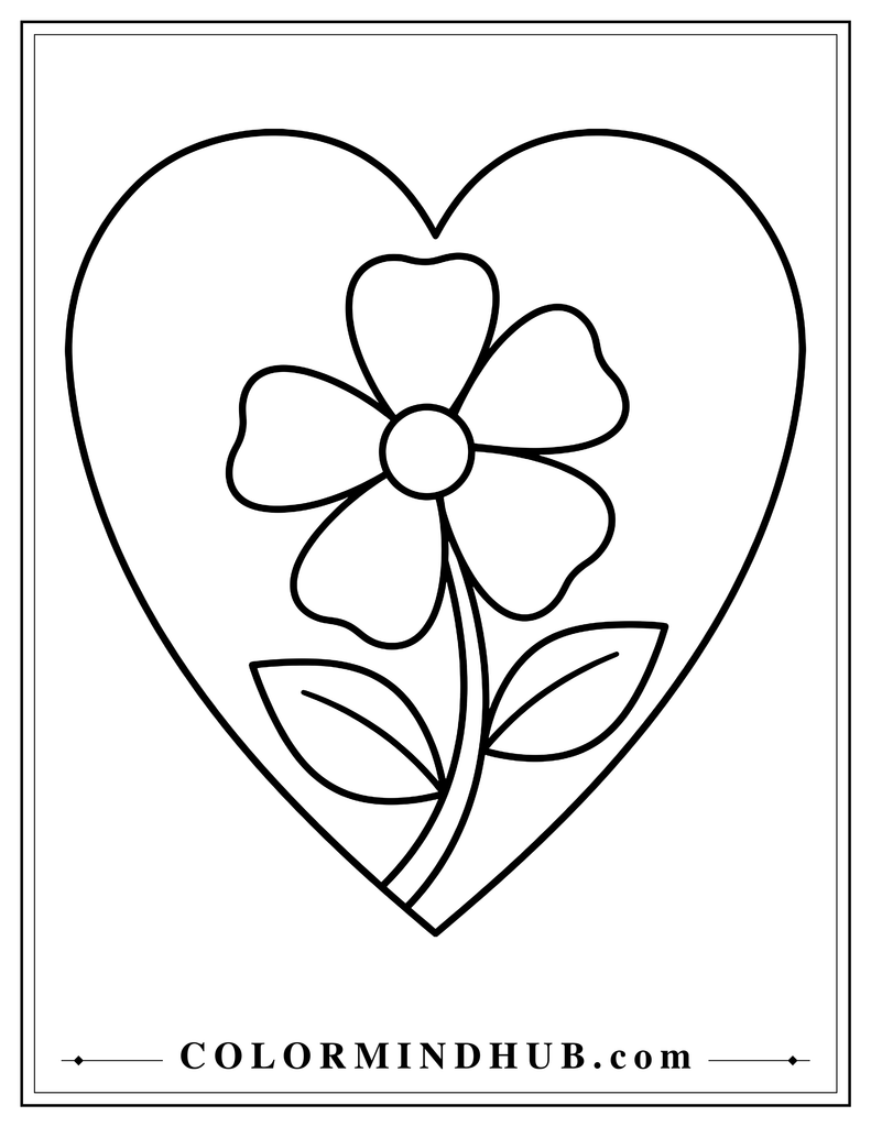 Large outlined heart containing a five-petal flower, two broad leaves, and a curved stem.