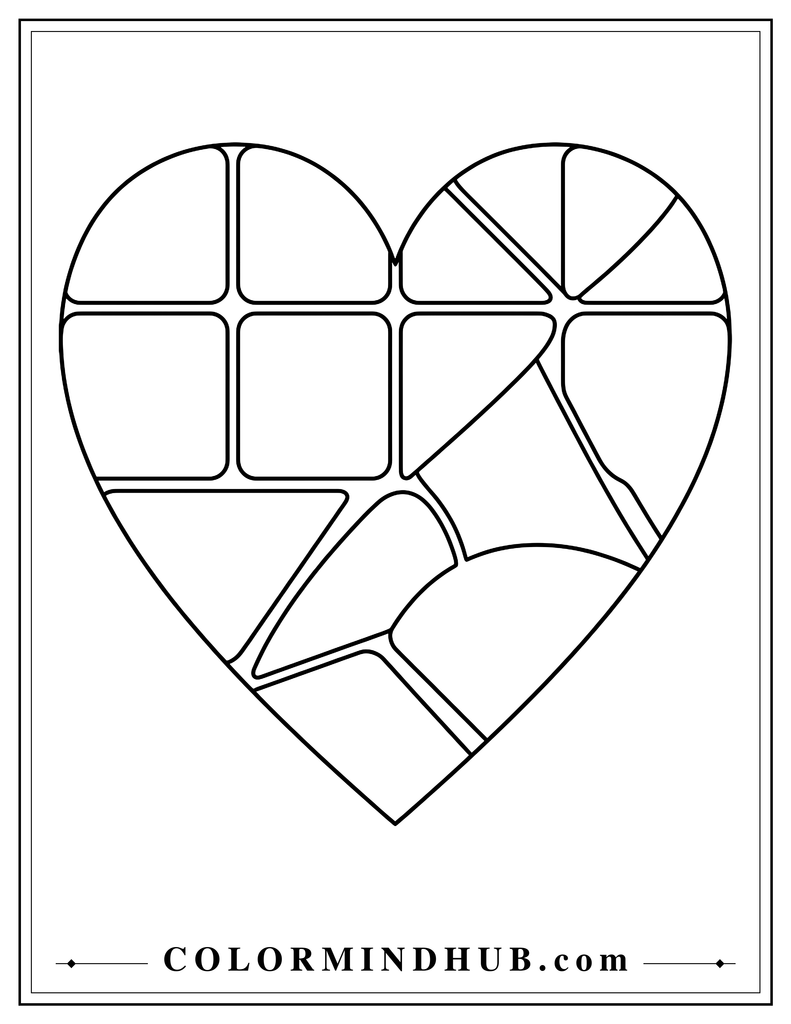 Large heart divided into spacious mosaic sections made from geometric and curved shapes.