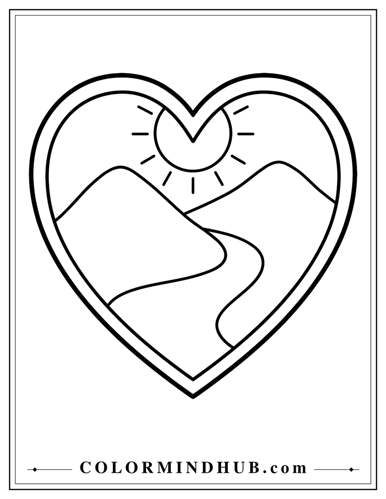 Heart-shaped landscape featuring two rounded mountains, a winding path, and a large sun.