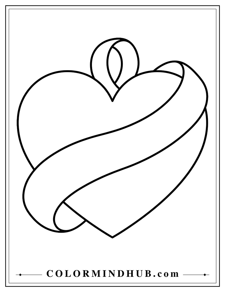 Large heart wrapped with a broad curved ribbon that forms a simple loop near the top.