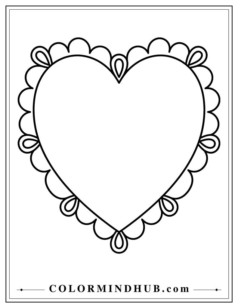 Empty heart surrounded by a decorative border of broad scallops and simple loops.