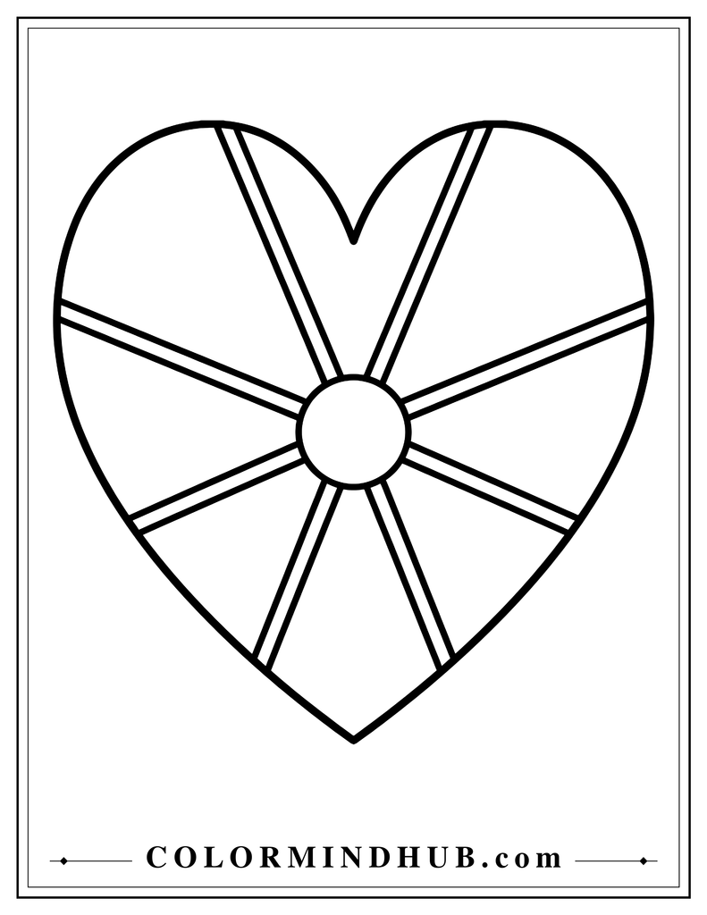 Large heart containing eight broad sunburst rays arranged around a central circle.