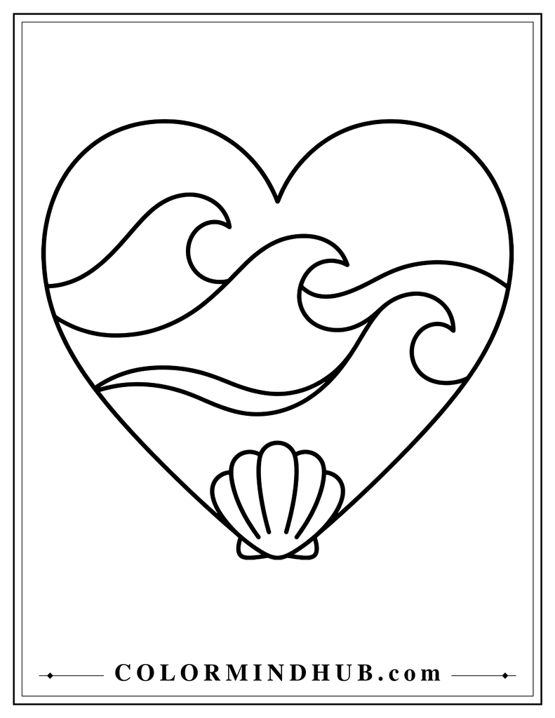 Large heart containing three flowing ocean waves and a simple seashell near the bottom.