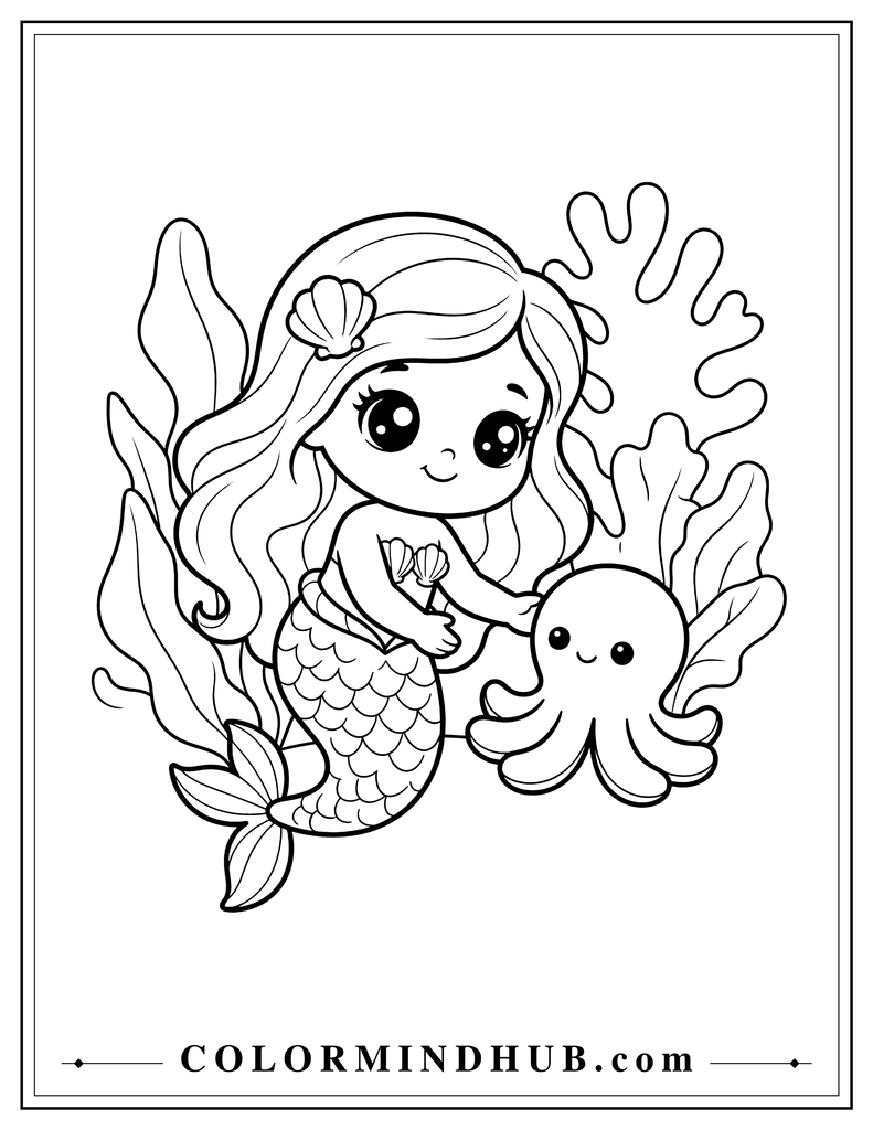 Kawaii mermaid with a large head and huge round eyes playing underwater with a small friendly octopus, coral, and broad sea plants