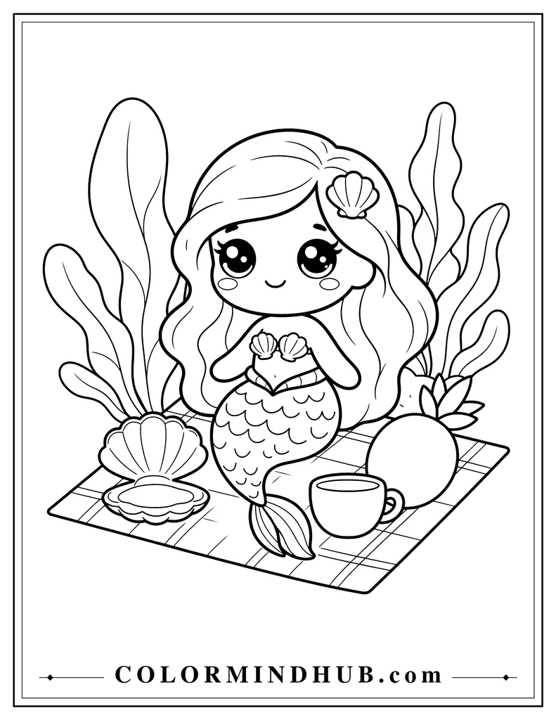 Kawaii mermaid sitting on an underwater picnic blanket beside a seashell plate, cup, and large piece of fruit with sea plants nearby