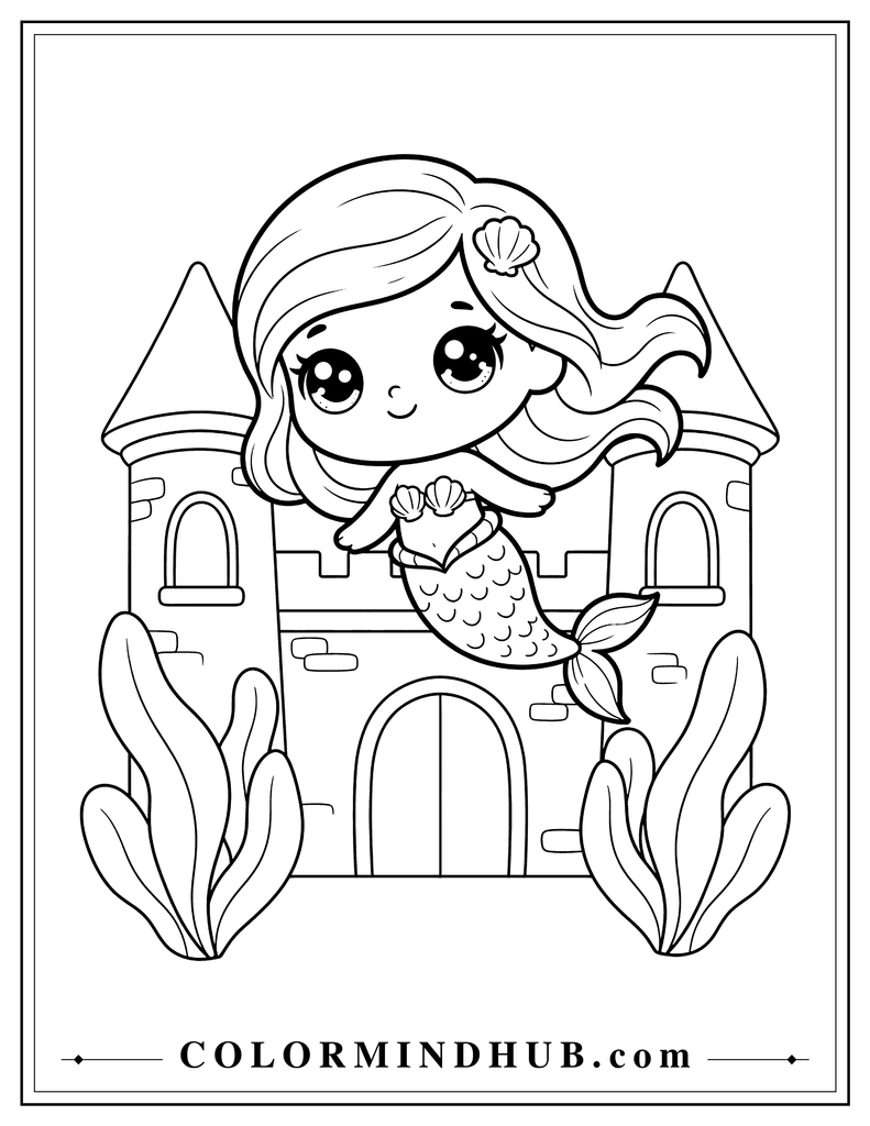 Kawaii mermaid with a large head and huge eyes swimming in front of an underwater castle with rounded towers, windows, and broad sea plants