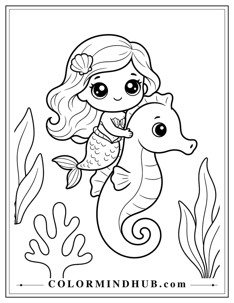 Kawaii mermaid with a large head and huge round eyes riding a friendly seahorse underwater with sea plants and coral