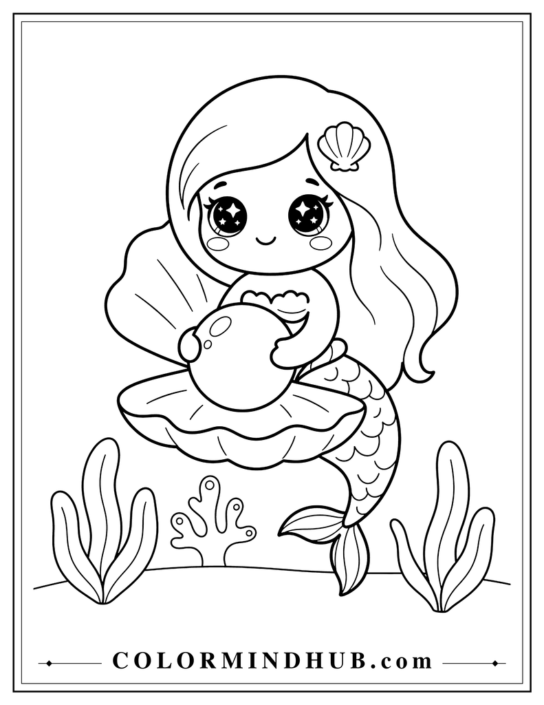 Kawaii mermaid with a large head and huge sparkling eyes holding a large pearl inside an open seashell with sea plants and coral