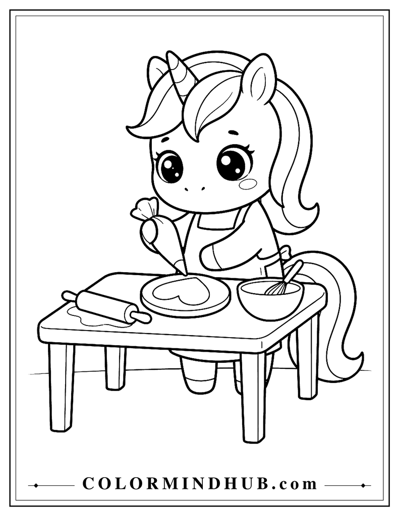 Kawaii unicorn with a huge head and oversized expressive eyes standing at a small table while decorating one large round cookie with a rolling pin and bowl