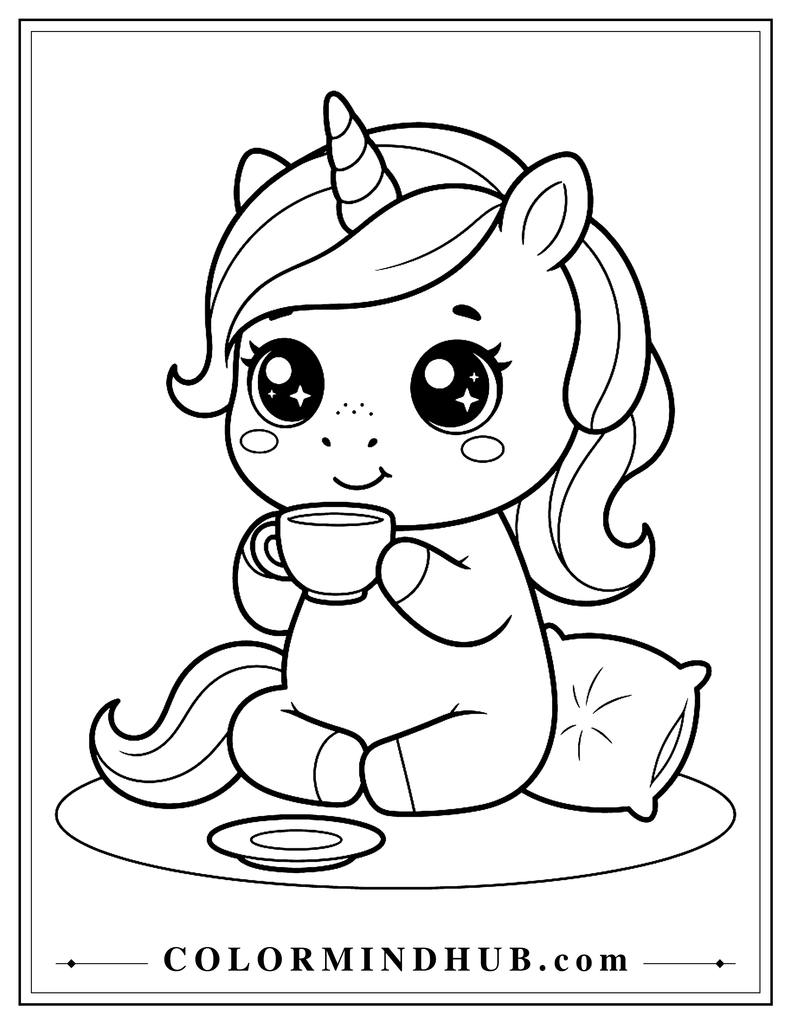 Kawaii unicorn with an oversized head and huge sparkling eyes sitting while drinking from a small rounded cup beside a saucer and cushion