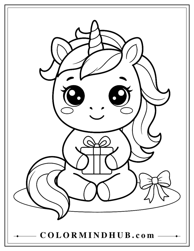 Kawaii unicorn with a very large head and huge expressive eyes holding a small gift box with a simple ribbon and a small bow beside it