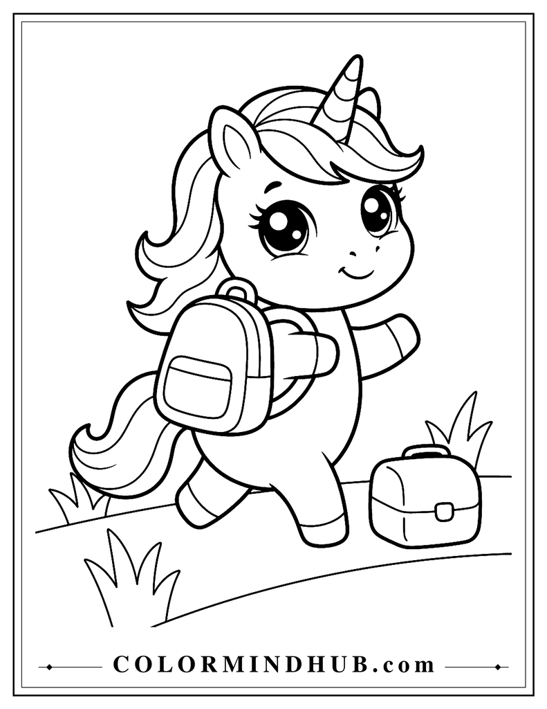 Kawaii unicorn with huge eyes and a tiny chubby body wearing a small backpack while walking with a lunch box beside it