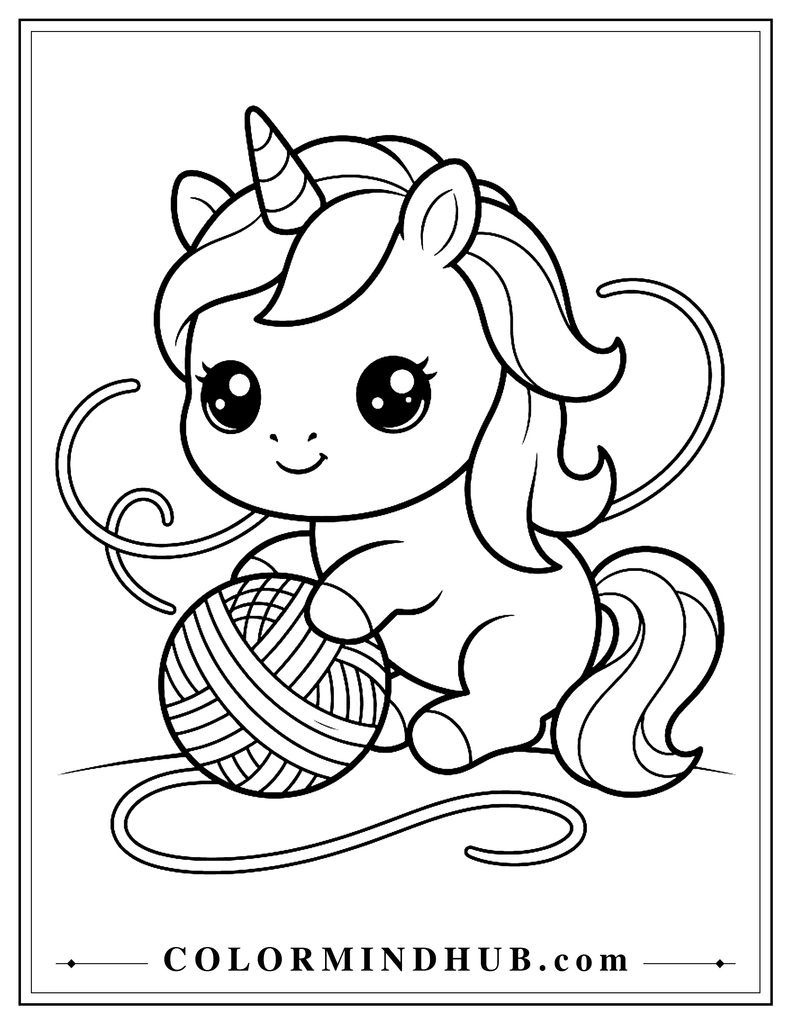 Kawaii unicorn with a very large head and huge round eyes playing with a large ball of yarn and a simple loose yarn strand