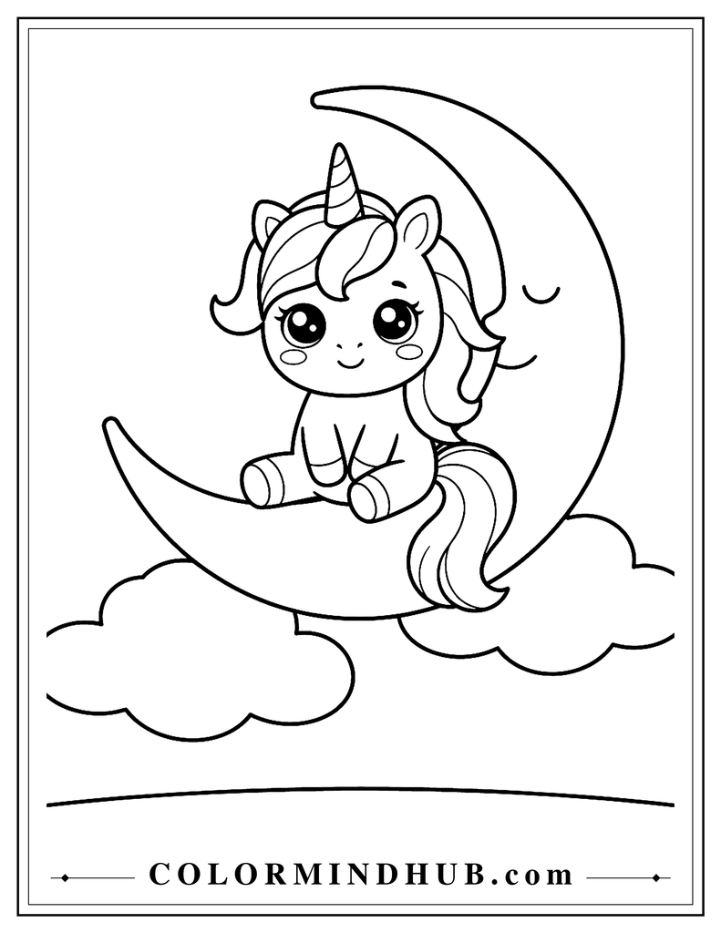 Kawaii unicorn with an oversized head and huge eyes sitting on a large crescent moon with two simple clouds underneath
