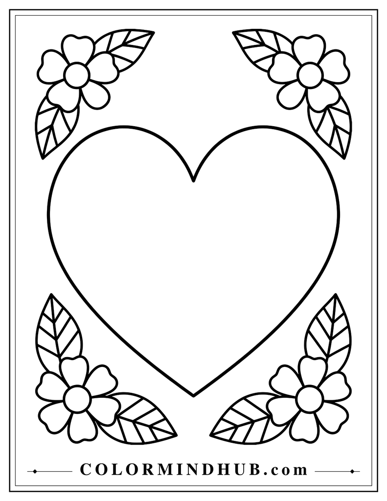 Large central heart surrounded by four separate botanical sprigs, each with broad leaves and a simple flower.