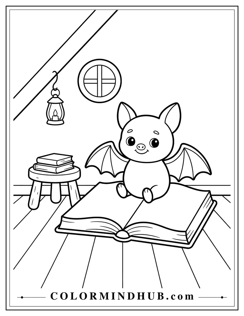 Cute little bat sitting on an open mystery book in a cozy attic reading corner - spooky coloring page for children