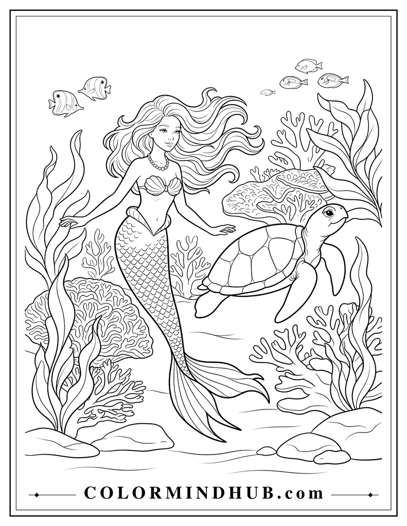 Elegant mermaid swimming beside a large sea turtle in an underwater reef with coral formations, sea plants, and simple fish