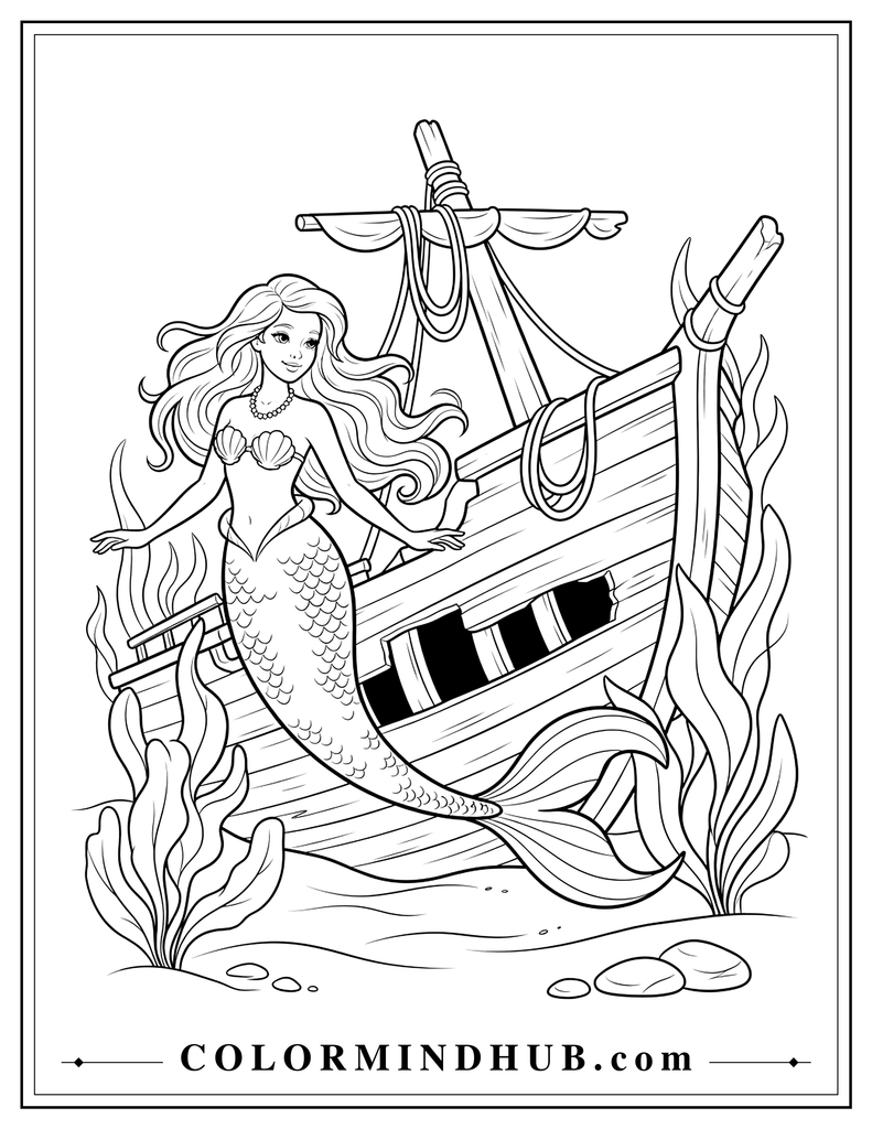 Elegant mermaid swimming beside a large sunken wooden ship underwater with a hull, mast, simple ropes, and large sea plants
