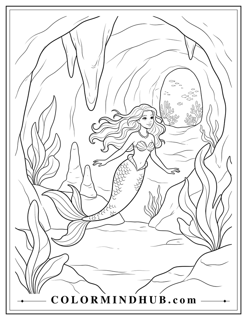 Elegant mermaid swimming inside a large underwater sea cave with broad curved rock walls, hanging rock formations, a sea opening, and sea plants