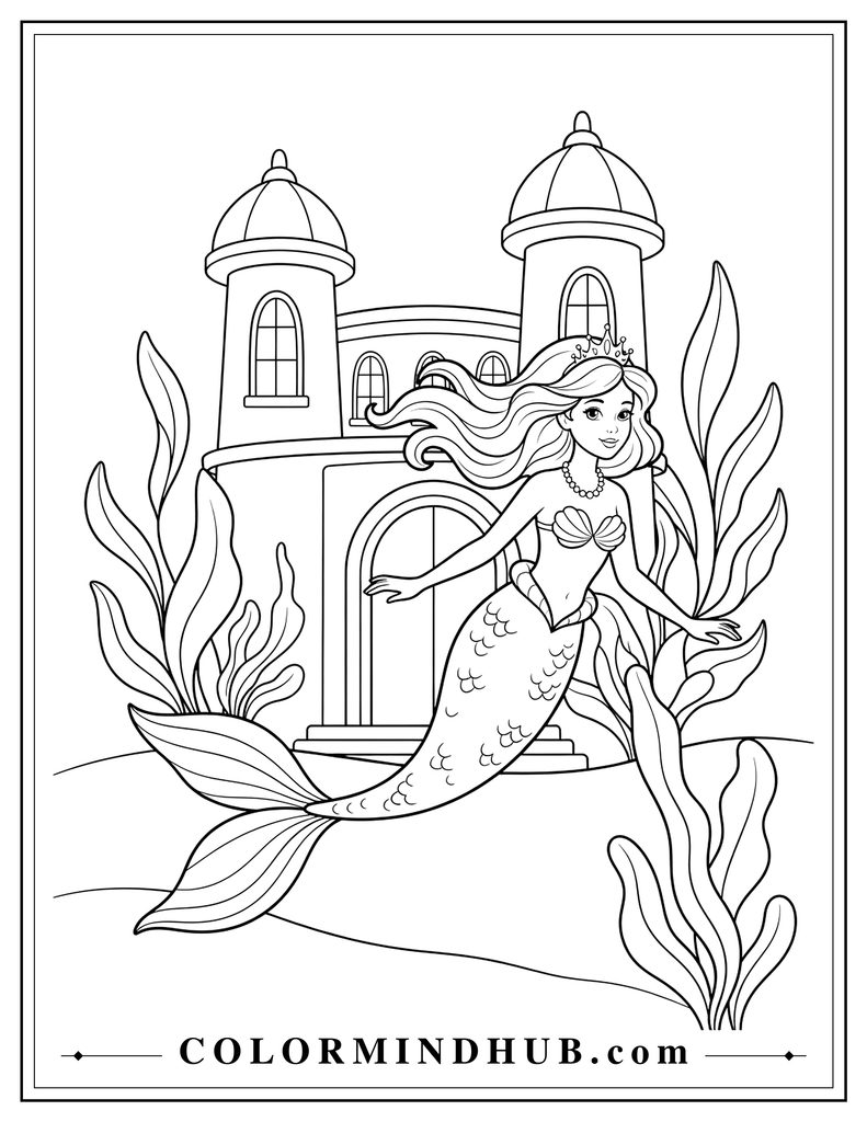 Mermaid princess wearing a small crown and swimming in front of an underwater palace with broad towers, arched windows, and sea plants