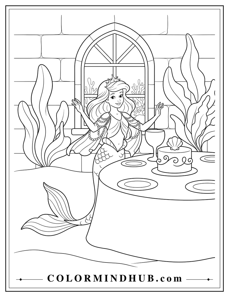 Mermaid princess wearing a small crown at an underwater royal banquet with a large round table, cake, goblet, plates, sea plants, and a palace window