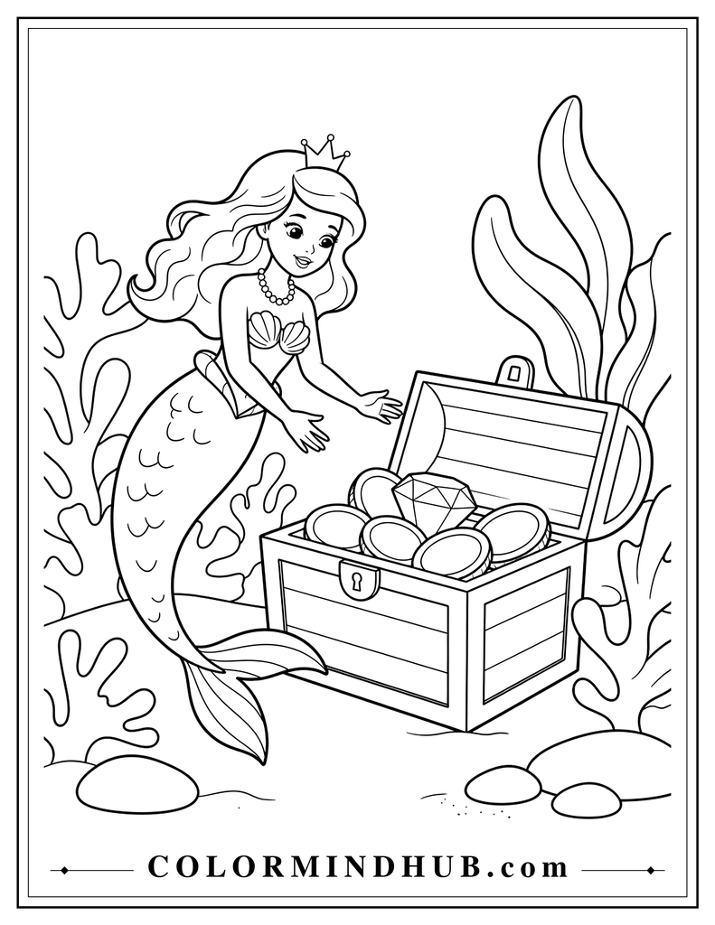 Mermaid princess with a small crown discovering an open treasure chest underwater containing large coins and an oversized jewel among coral and sea plants