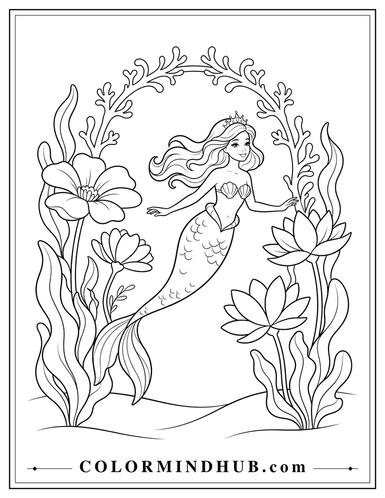 Mermaid princess wearing a small crown swimming through an underwater garden with large sea flowers, broad sea plants, and a decorative arch