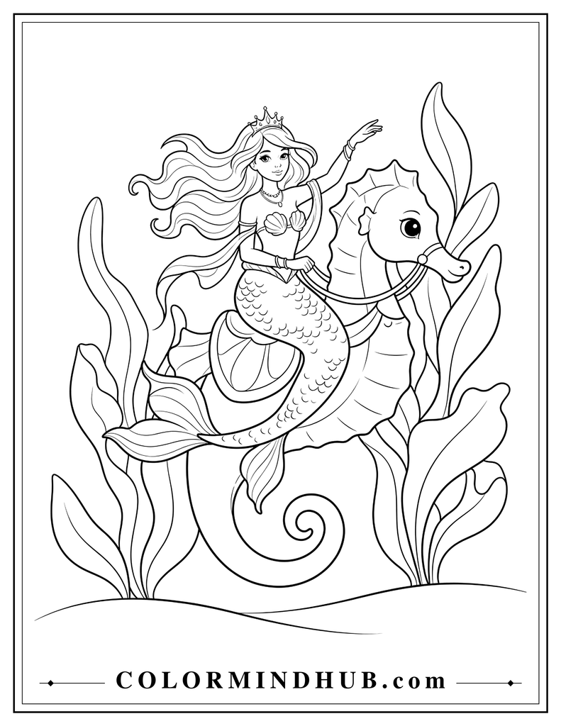  Mermaid princess wearing a small crown and riding a large royal seahorse underwater with a simple saddle and broad sea plants