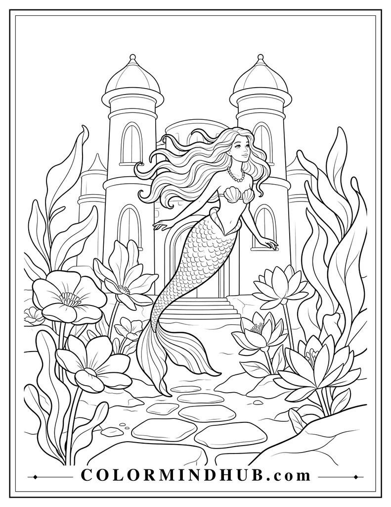 Elegant mermaid swimming through an underwater castle garden with broad castle towers, arched windows, large sea flowers, flowing sea plants, and a simple stone pathway