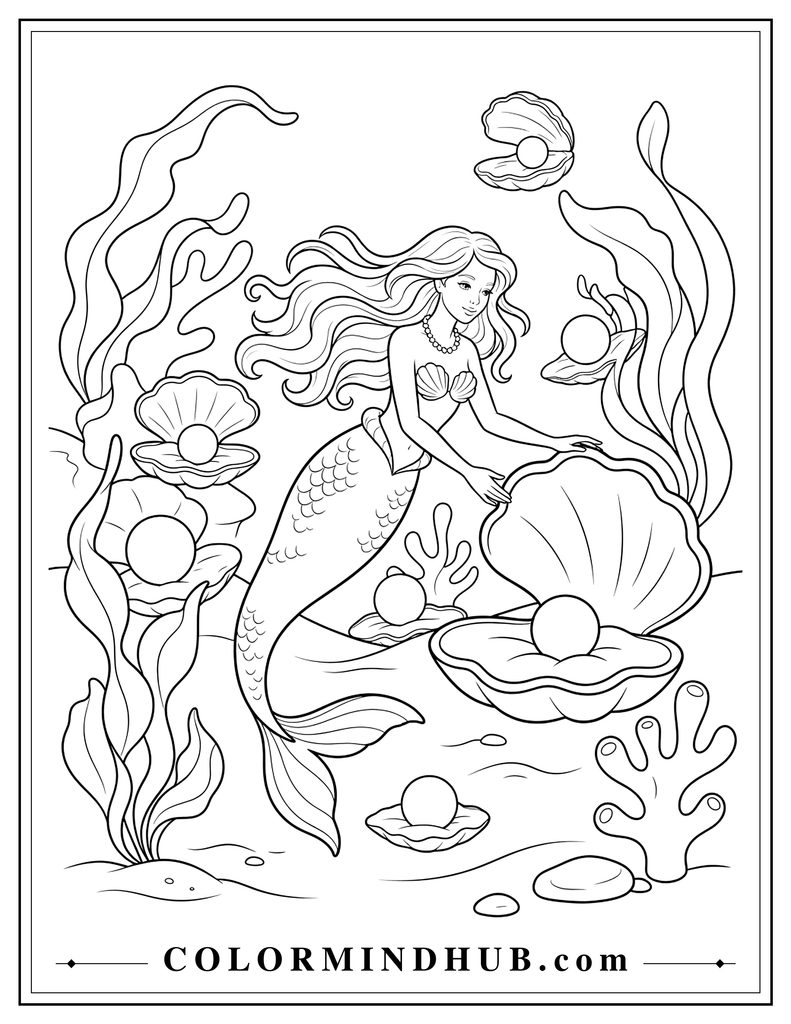 Elegant mermaid exploring an underwater pearl garden with large open seashells containing oversized pearls, sea plants, and coral formations