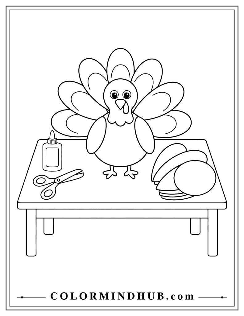 Paper turkey craft with child-safe scissors, glue bottle, and paper shapes on a craft table - Thanksgiving coloring page