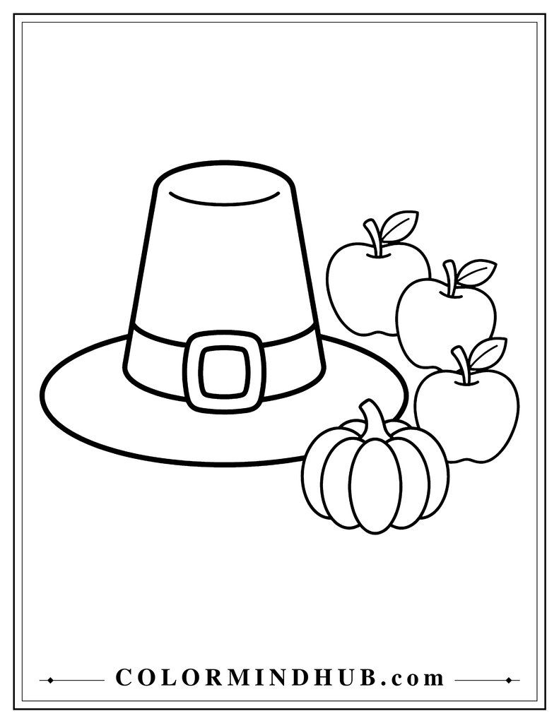 Classic pilgrim hat with apples and a small pumpkin in a simple Thanksgiving still life - Thanksgiving coloring page for kids