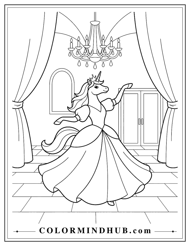 Unicorn princess wearing a flowing royal dress and small crown while dancing in a castle ballroom with a large chandelier and two curtains