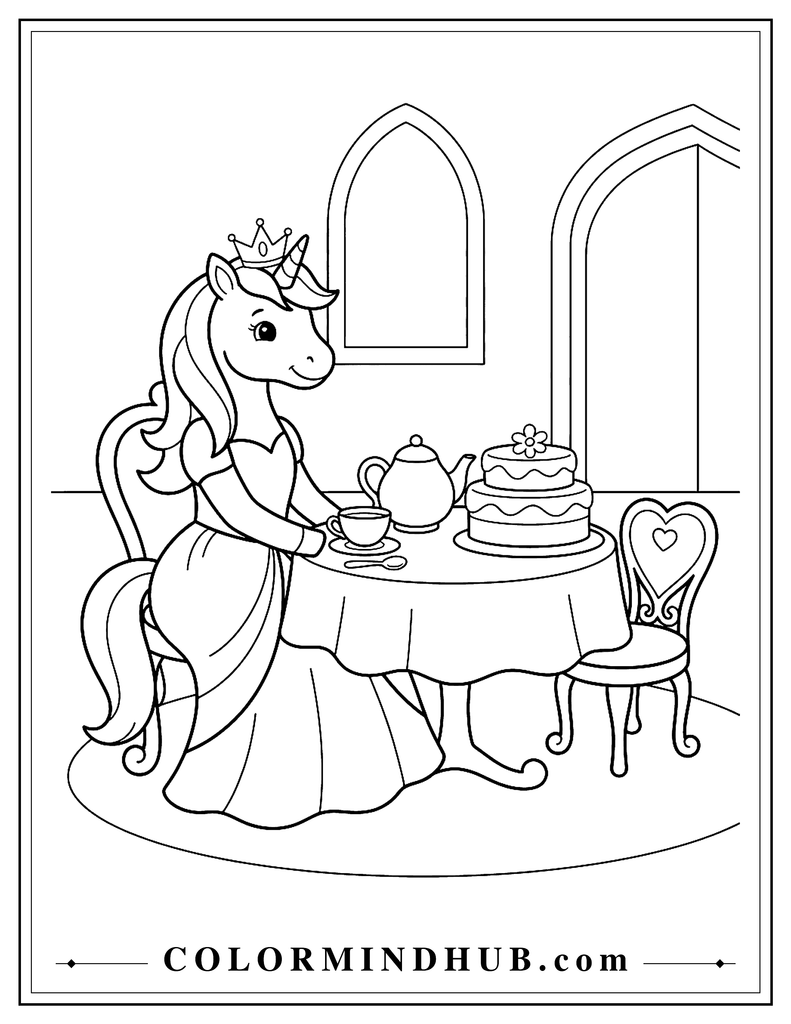 Unicorn princess wearing a small crown and elegant dress at a castle tea party with a teapot, teacup, large cake, and small royal chair