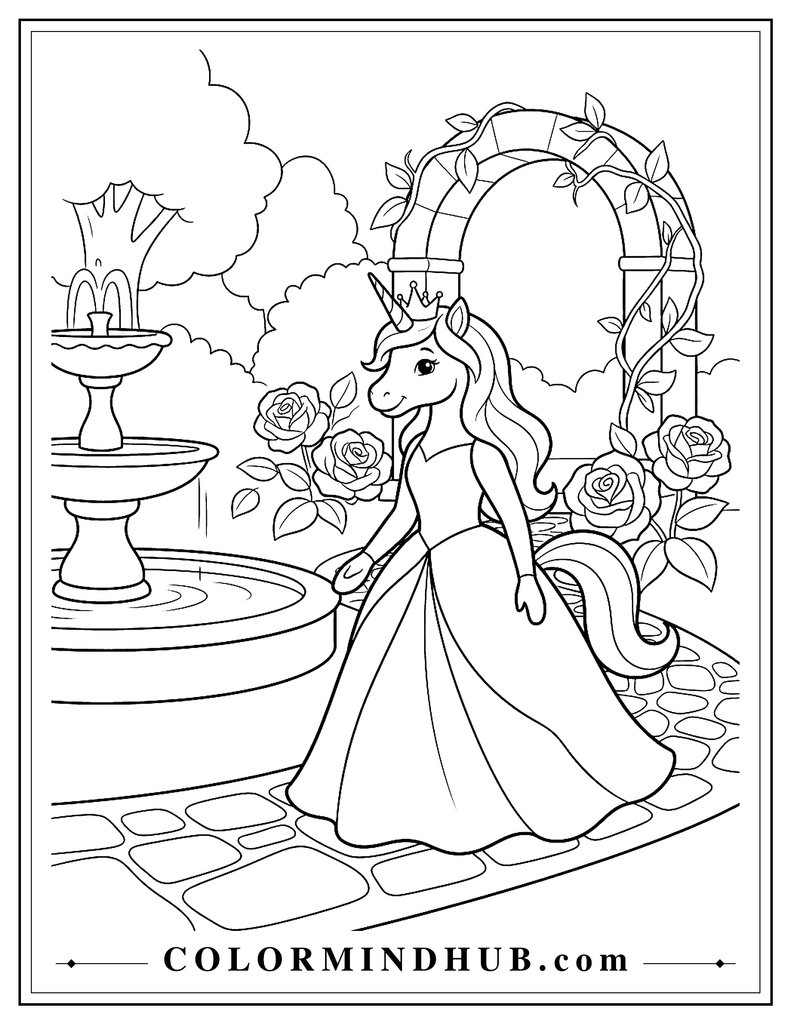 Unicorn princess wearing a crown and flowing dress while walking through a royal garden with a large fountain, oversized roses, and a simple garden arch