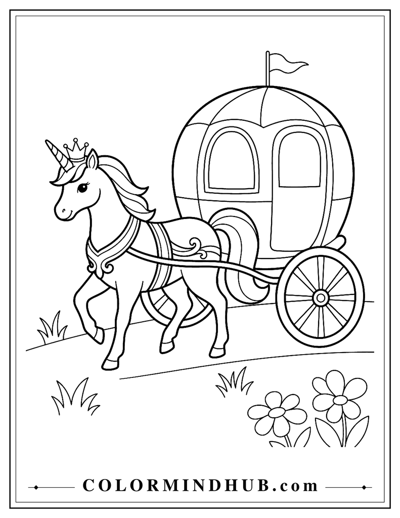 Unicorn princess wearing a small crown and decorative harness while pulling a simple royal carriage with a rounded roof and large wheels