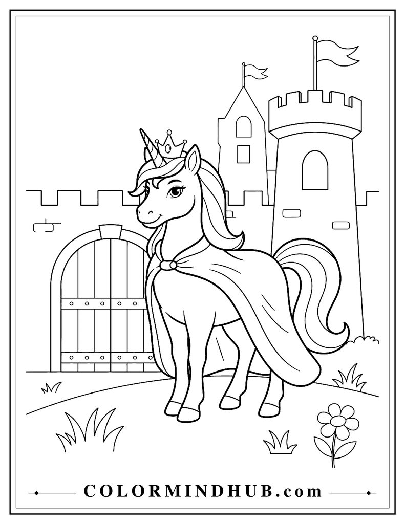 Unicorn princess wearing a flowing royal cape and small crown standing in front of a large castle gate with two towers and flags