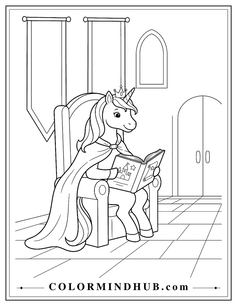 Unicorn princess sitting on a simple castle throne and reading a large storybook while wearing a small crown and flowing royal cape