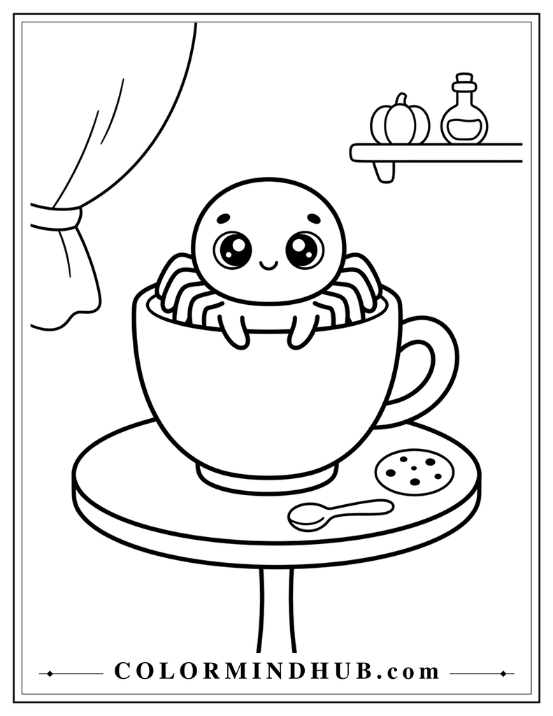Tiny friendly spider sitting inside a teacup with a spoon and cookie nearby - cute spooky coloring page for kids