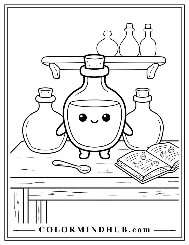 Smiling potion bottle character with tiny arms and feet on a magical worktable - cute Halloween coloring page for children