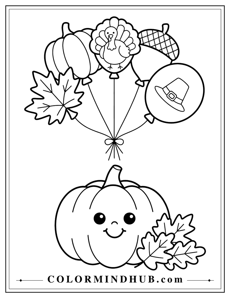 Thanksgiving decoration with large balloons, pumpkin centerpiece, and autumn leaves - Thanksgiving coloring page
