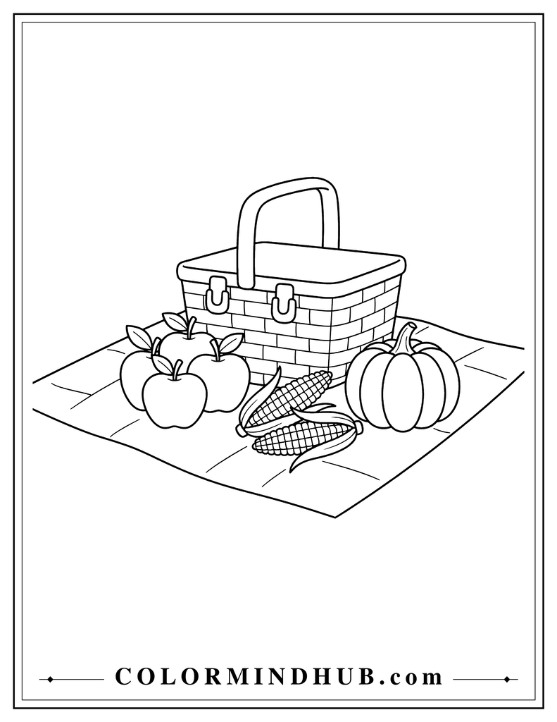 Thanksgiving picnic setup with a blanket, picnic basket, apples, corn, and pumpkin - Thanksgiving coloring page for kids
