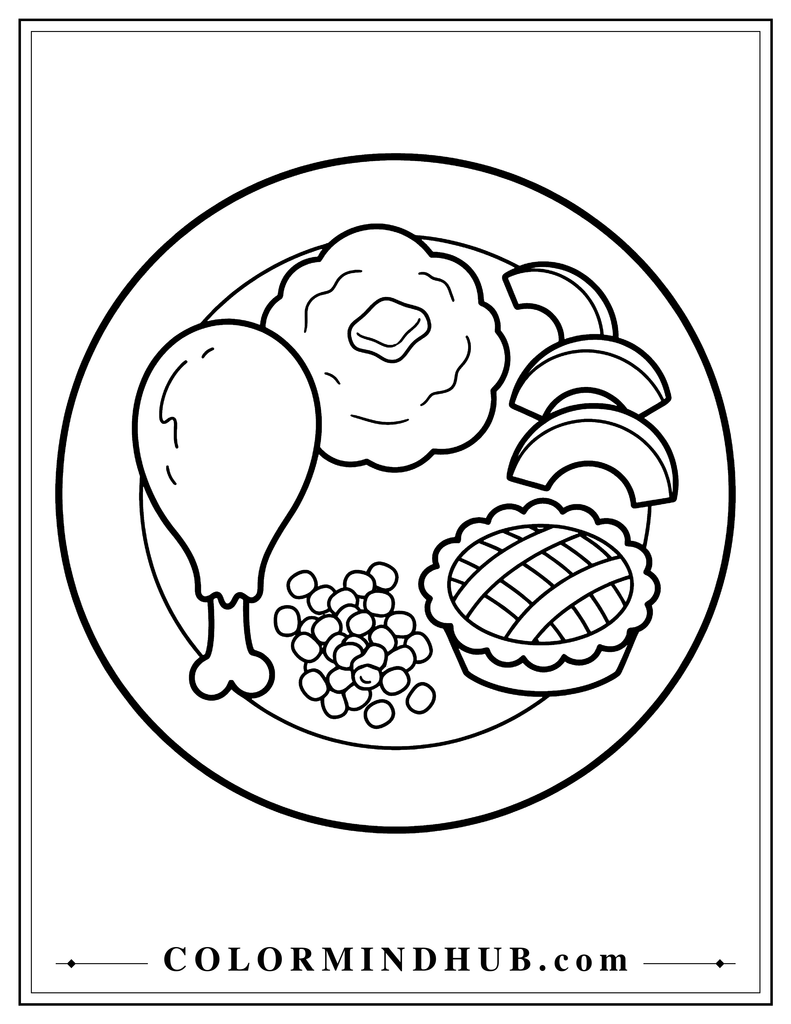 Thanksgiving dinner plate with turkey, mashed potatoes, corn, pumpkin slices, and pie - Thanksgiving coloring page