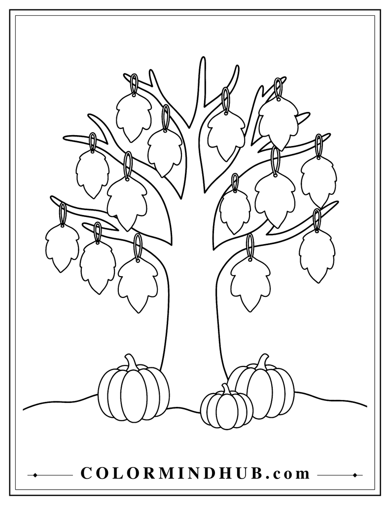 Thanksgiving gratitude tree with blank leaf-shaped decorations and pumpkins at the base - Thanksgiving coloring page for kids
