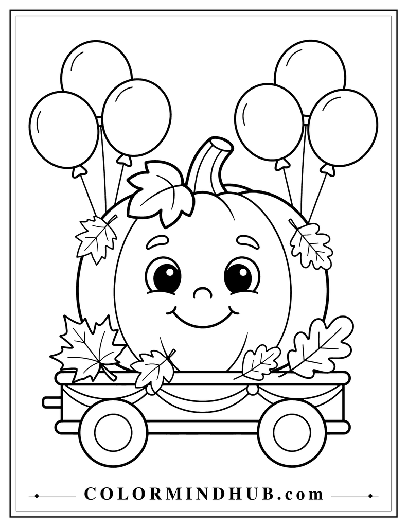 Cheerful Thanksgiving parade float shaped like a pumpkin with balloons and autumn leaves - Thanksgiving coloring page
