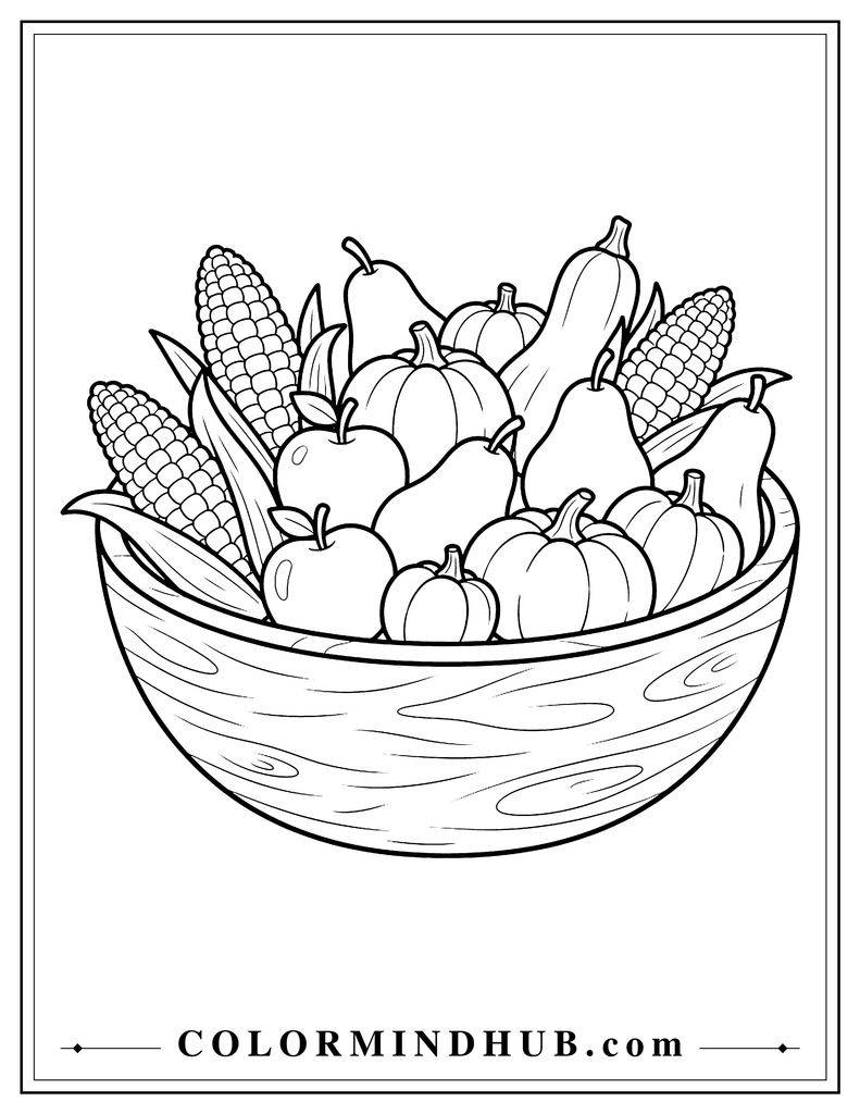Wooden bowl filled with corn, apples, pears, squash, and pumpkins - Thanksgiving harvest coloring page