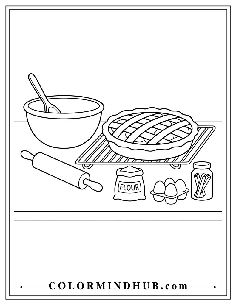 Fresh Thanksgiving pie with mixing bowl, rolling pin, and baking ingredients - Thanksgiving coloring page for kids