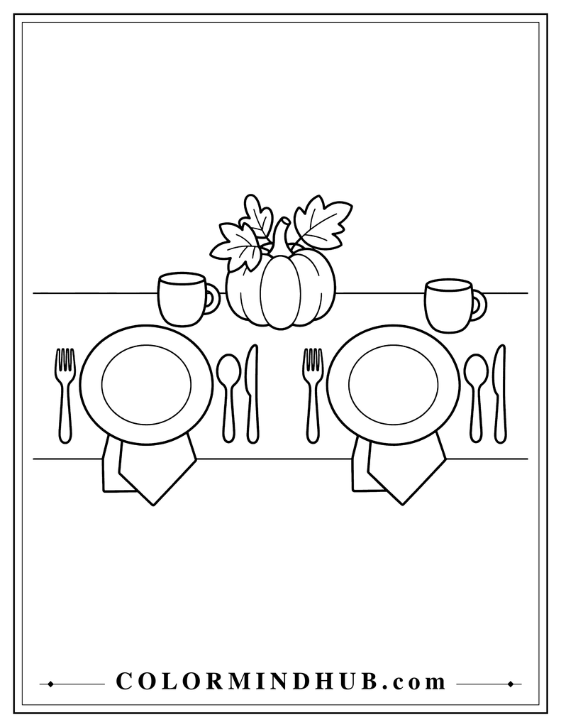 Thanksgiving table setting with plates, cups, napkins, utensils, and a pumpkin centerpiece - Thanksgiving coloring page
