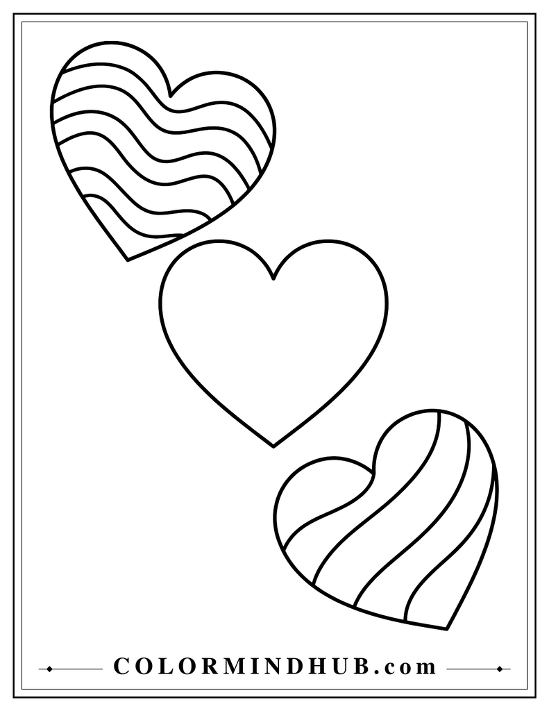 Three hearts in different sizes featuring a plain heart, wavy stripes, and broad curved bands.